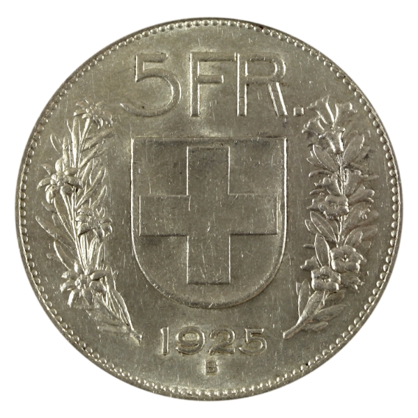 Switzerland Silver 1925B 5 Franc AU-UNC