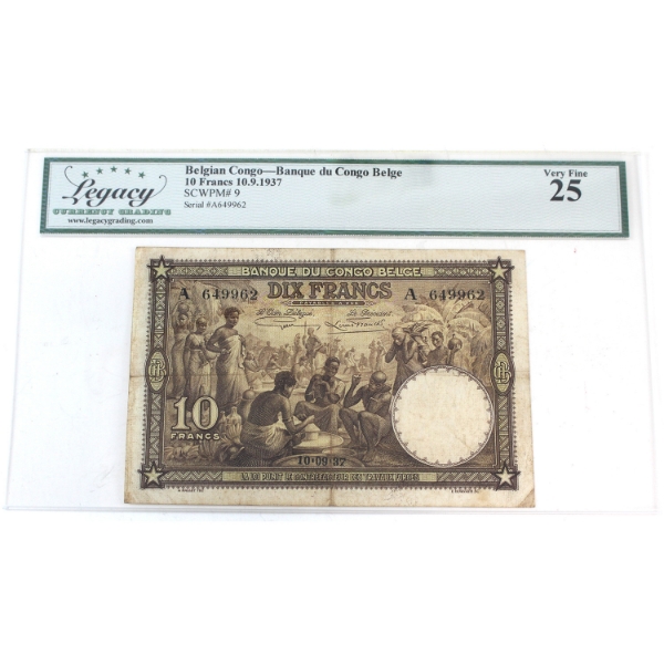 Congo, Belgian 1937 Pick#9, 10 Francs Legacy VF25 Note, SN: A649962 