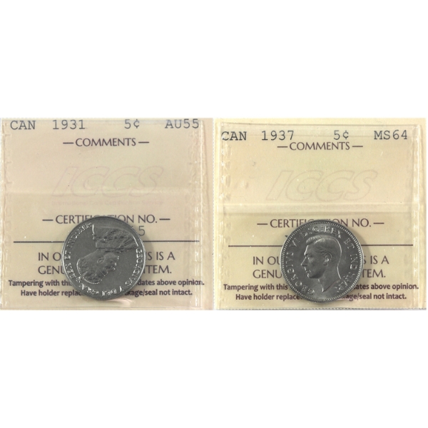 5-cent 1931 AU55 & 1937 MS64 ICCS. 2pcs