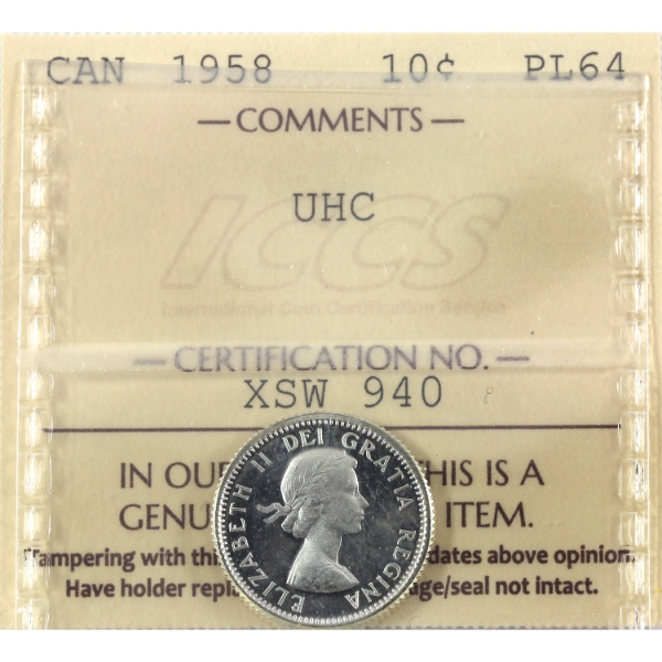 10-cent 1958 ICCS PL64 Ultra Heavy Cameo