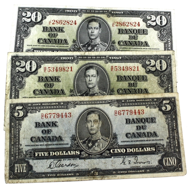 BC-23b, BC-25b & BC-25c 1937 $5 to $20 F to EF Coyne-Towers. 3pcs.