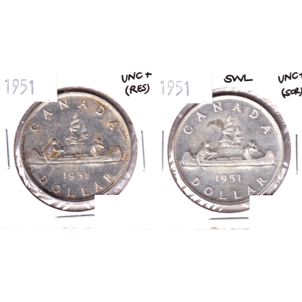 Silver $1 1951 UNC+. 2pcs.