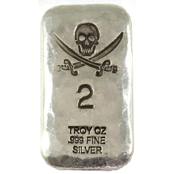 2oz RSSC Hammered Bar w/ Skull & Swords .999 Fine Silver Bar (Tax Exempt)