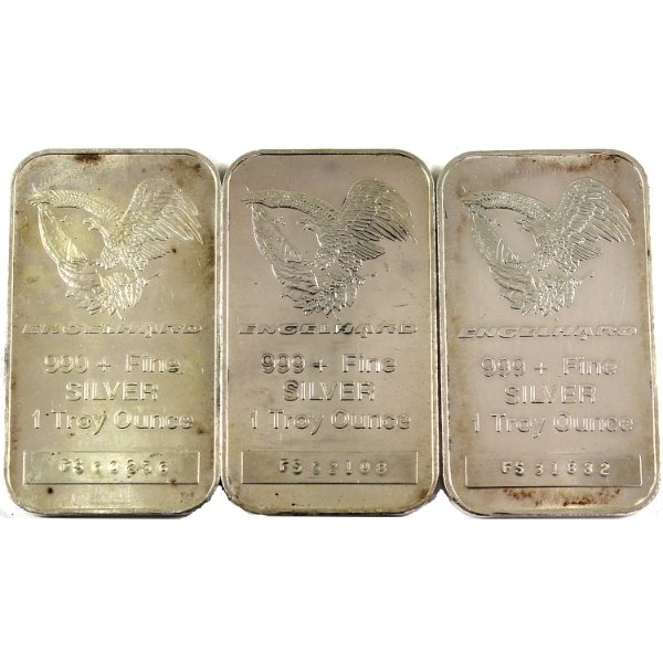 3x 1oz Engelhard c.1986 Eagle Design .999+ Silver Bars. 3pcs.(Tax Exempt)