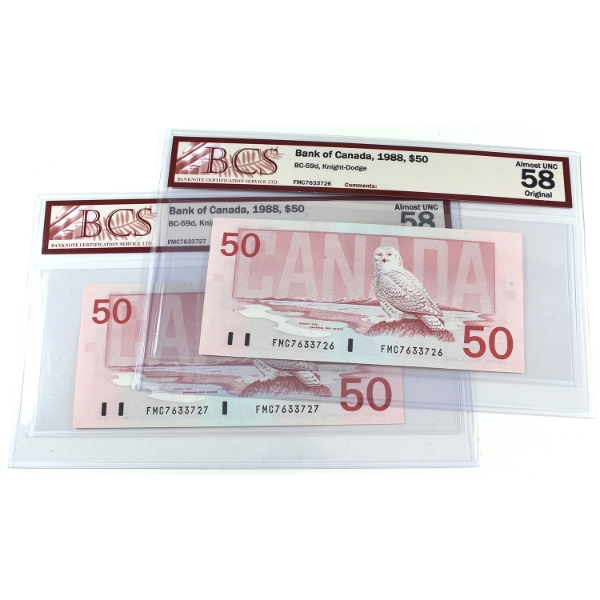 BC-59d 1988 $50 Consecutive BCS AU58 Original Knight-Dodge SN:FMC7633726-"27. 2pcs