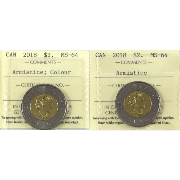 2x $2 2018 Armistice Coloured & Uncoloured ICCS MS64. 2pcs.