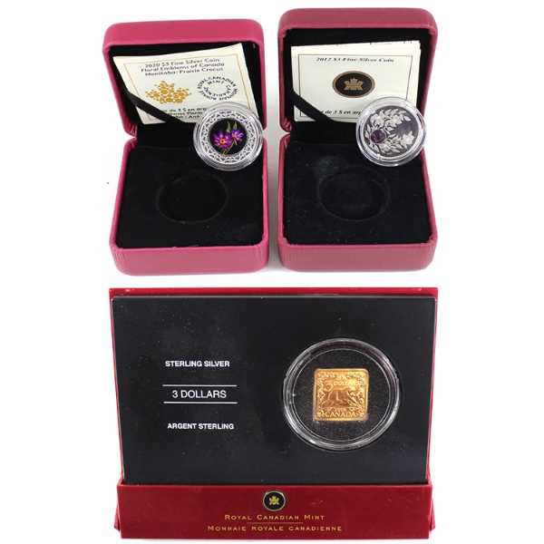 Group Lot of 2006-2020 Assorted RCM $3 Silver Coins. 3pcs