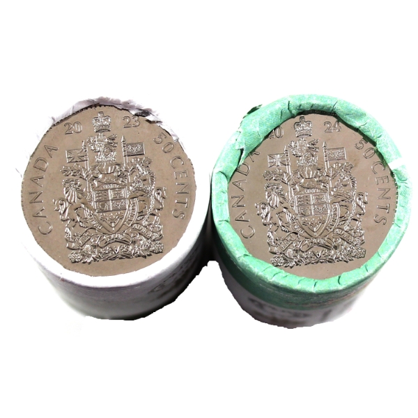 50-cent 2023 King Charles III First Strikes & 2024 Special Wrap Rolls of 25pcs. 2 Rolls
