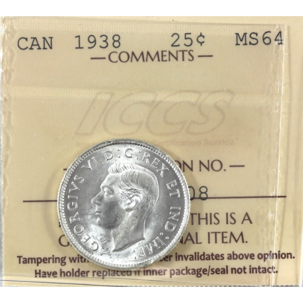 25-cent 1938 ICCS MS64