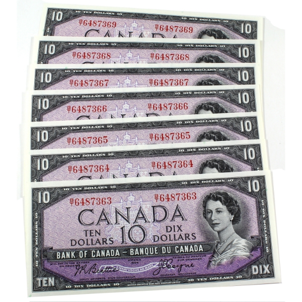 BC-40a 1954 $10 Consecutive UNC or Better Beattie-Coyne SN: B/T6487363-"69. 7pcs.