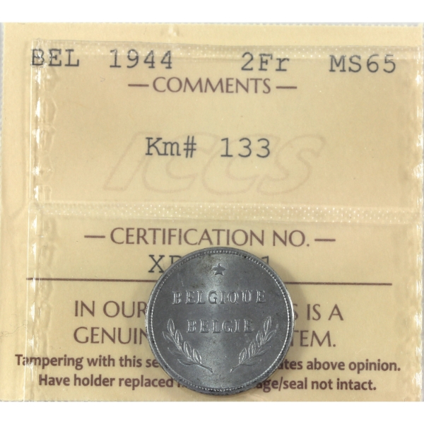 Belgium 1944 2 Francs ICCS MS65