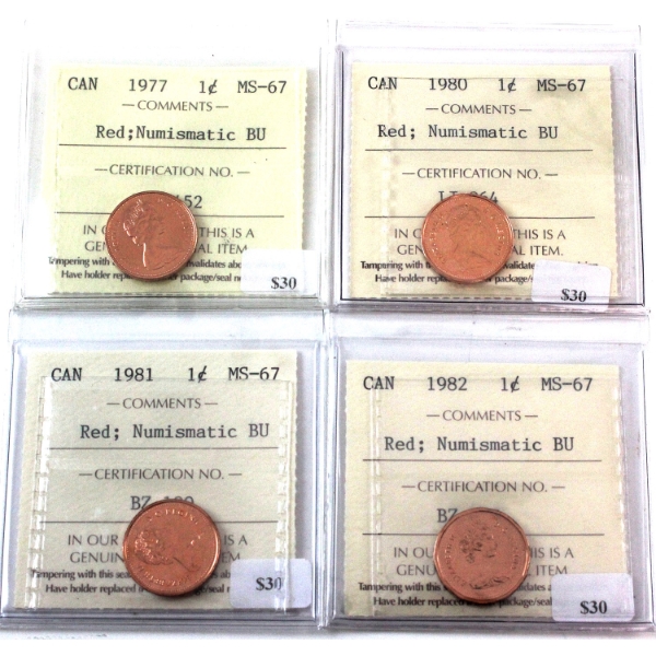 1-cent 1977, 1980, 1981 & 1982 NBU ICCS MS67 Red. 4pcs