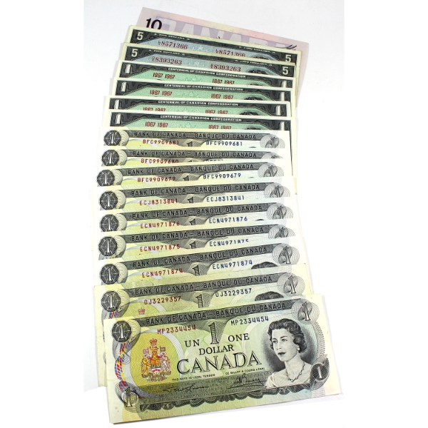 Bulk Lot of Assorted Banknotes 1954-1989 $1-$10. 16pcs.