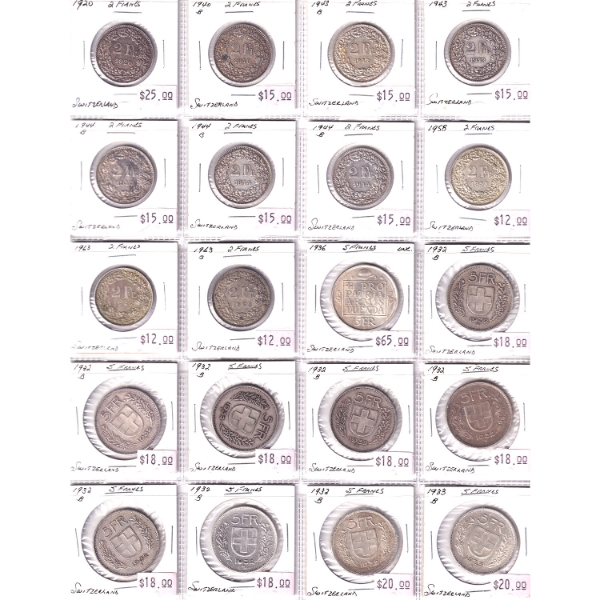 Group Lot of 20x Switzerland 1920-1963 2 Francs & 5 Francs. 20pcs