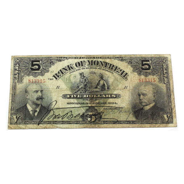 505-48-02 1904 $5 Bank of Montreal VG-F Strathcona-Various SN: 813315 ppB