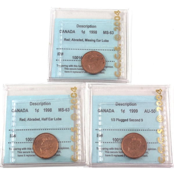 1-cent 1998-1999 CCCS AU50 to MS63. 3pcs.