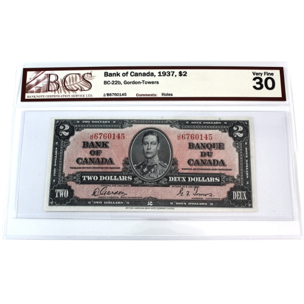 BC-22b 1937 $2 BCS VF30 Gordon-Towers SN: J/B6760145