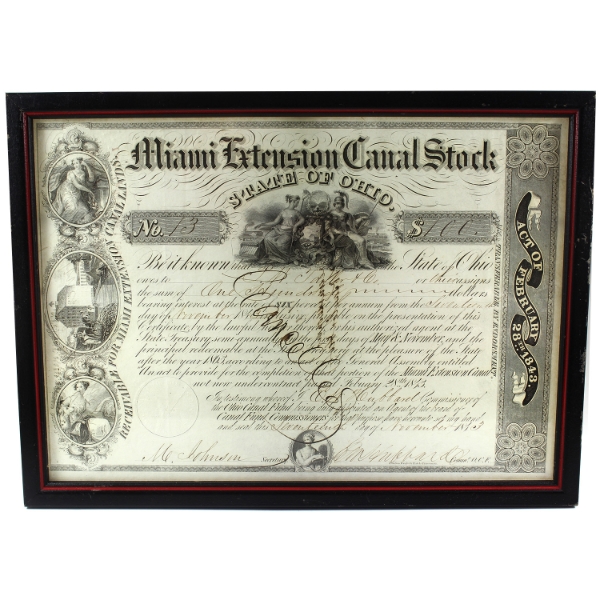 USA 1843 Miami Extension Canal Stock Certificate in Frame