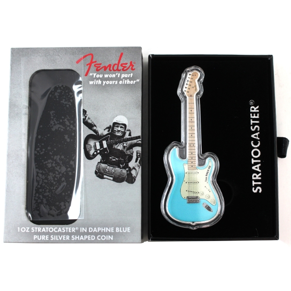 1oz Solomon Islands 2022 $2 Fender Stratocaster In Daphne Blue .9999 Fine Silver Shaped Coin.