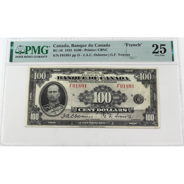 BC-16 1935 $100 French PMG VF25 Osborne-Towers SN: F01891 ppD