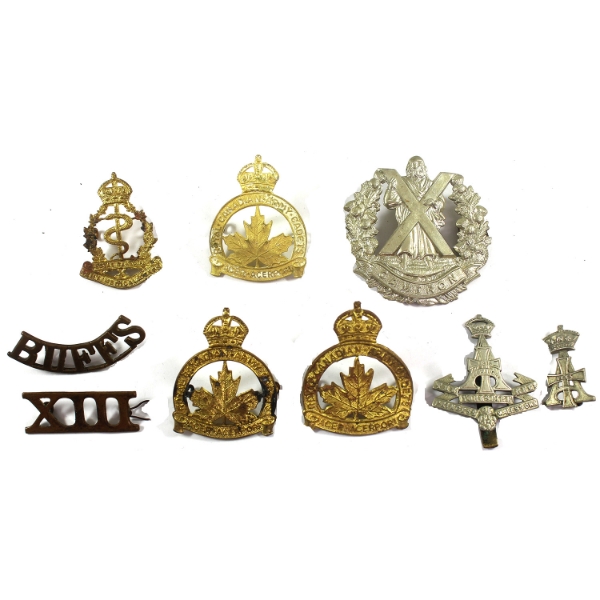 Group Lot of 8x Assorted British & Canadian Military Cap & Uniform Badges. 8pcs