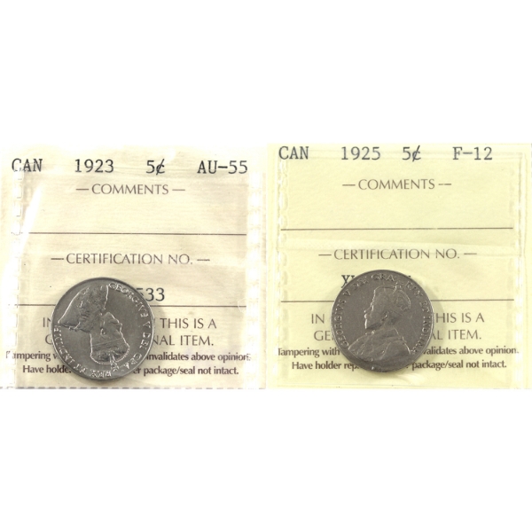 5-cent 1 1923 AU55, & 1925 F12 ICCS. 2pcs.
