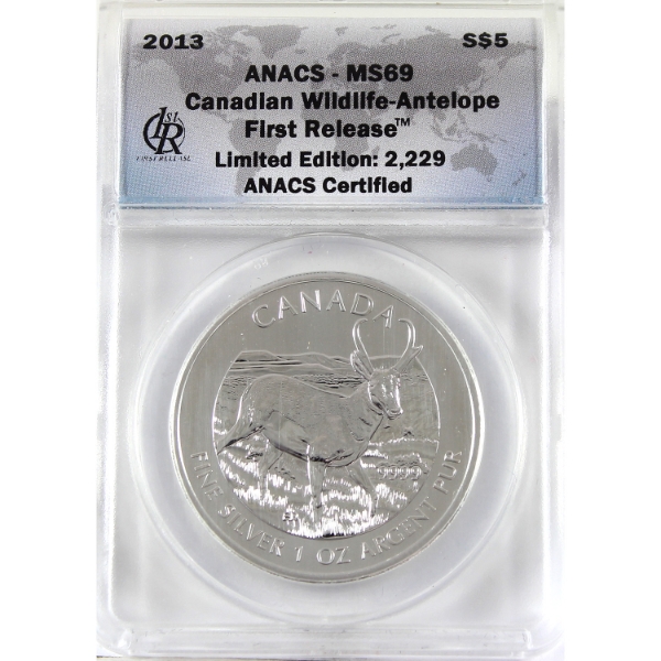 2013 $5 Canadian Wildlife - Antelope First Release ANACS MS69 .9999 Fine Silver Coin (Tax Exempt)
