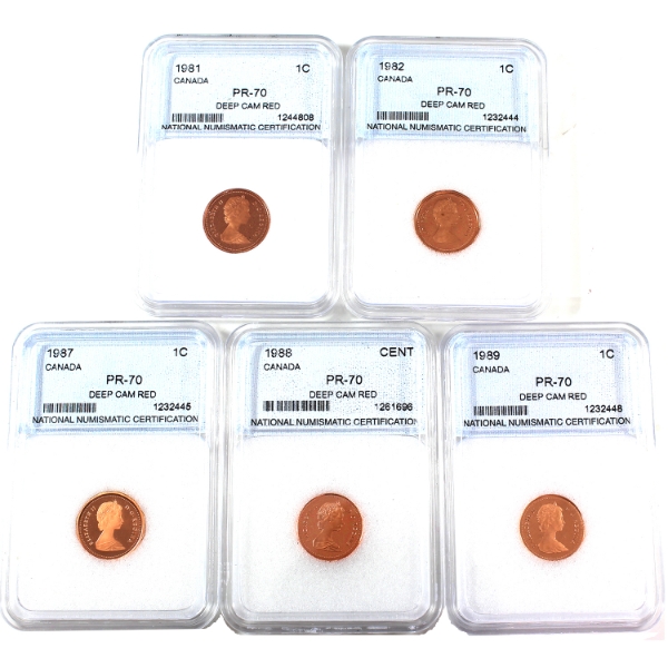 1-cent 1981-1989 NNC PR70 Red; Deep Cameo. 5pcs.