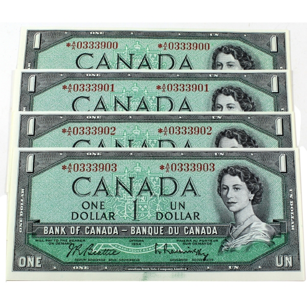 BC-37bA 1954 $1 Consecutive *A/A Beattie-Rasminsky SN: *A/A0333900-"03. 4pcs.