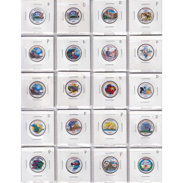 Bulk Collection USA 1999-2007 Statehood Colorized Quarters in 2x 20-Pocket Sheets. 34pcs