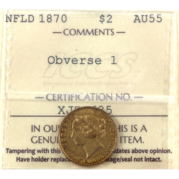 Newfoundland Gold $2 1870 Obv 1 ICCS AU55