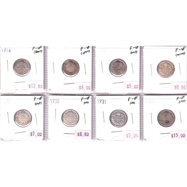 Lot of 8x 10-cent 1914-1933 all F-VF. 8pcs