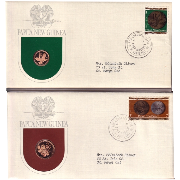 Papua New Guinea 1975 First Day of Issue of Cachet 8 Coin and Stamp Proof Folder Set 