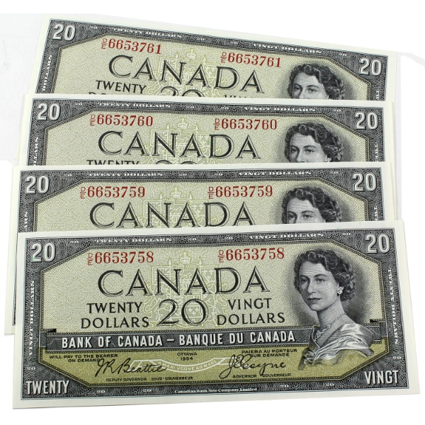 4x BC-33b 1954 $20 Devil's Face Consecutive UNC Beattie-Coyne SN: D/E6653758-"61. 4pcs.