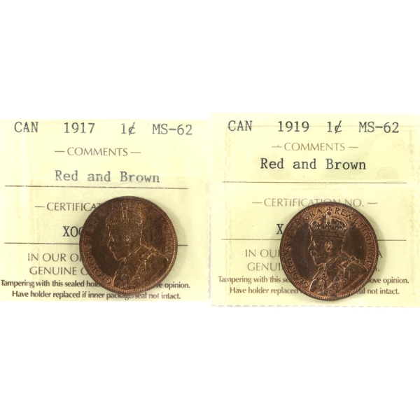 1-cent 1917 & 1919 ICCS MS62 Red & Brown. 2pcs.