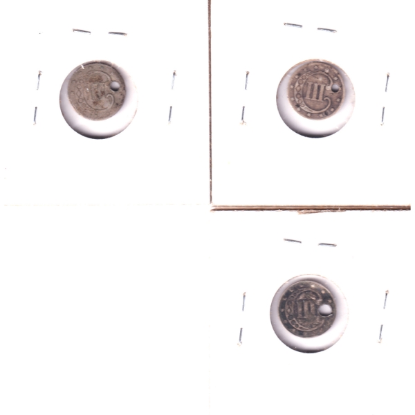 USA 3-cent 1852 VG-F, 1853 F & 1862 VF. 3pcs.