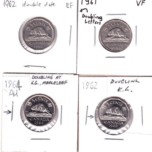 4x 5-cent 1961-1964 Doubling VF to AU. 4pcs.