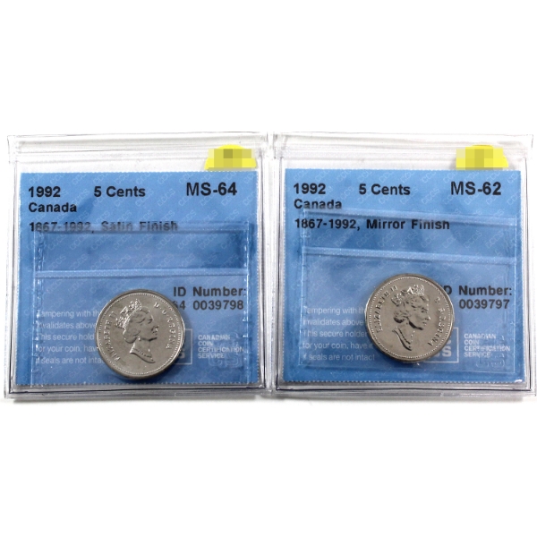 5-cent 1992 MS62 Mirror Finish & MS64 Satin Finish CCCS. 2pcs.