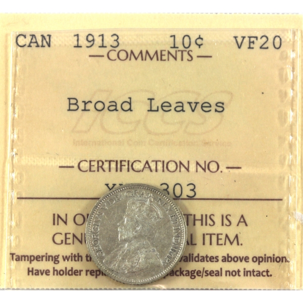 10-cent 1913 Broad Leaves ICCS VF20