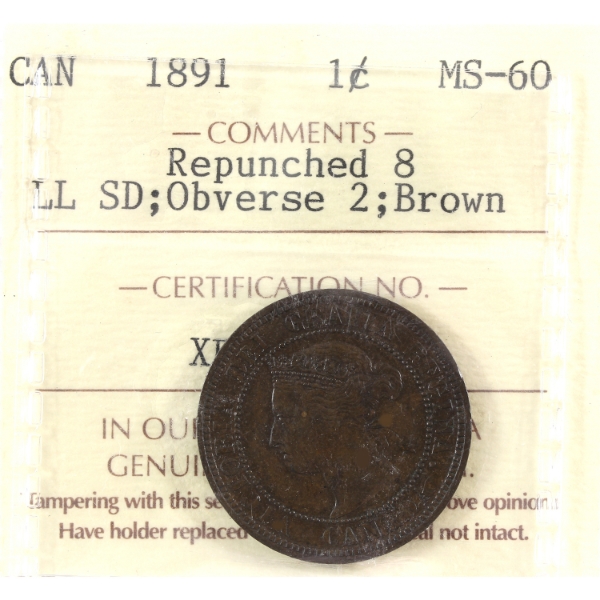 1-cent 1891 LL SD Obv 2, Repunched 8 ICCS MS60 Brown