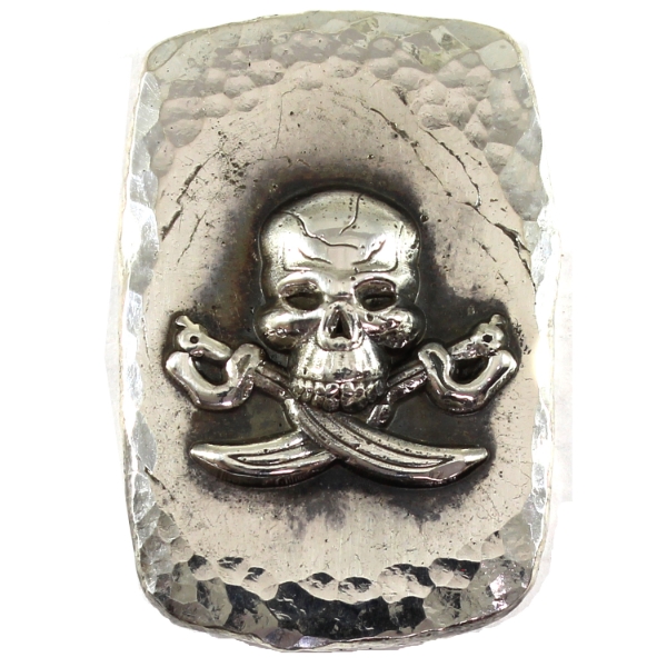 2oz RSSC Hammered & Antiqued Skull With Swords .999 Fine Silver Bar (Tax Exempt)