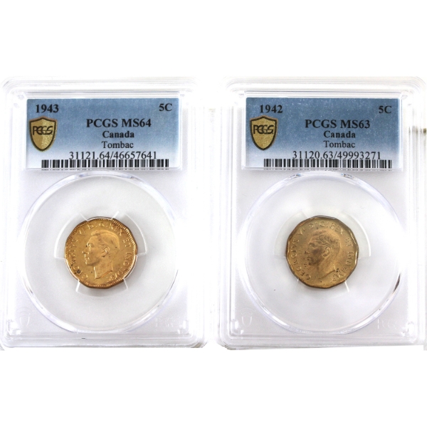 5-cent 1942 MS63 & 1943 MS64 Tombac PCGS. 2pcs. 
