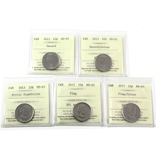 25-cent 2013-2015 ICCS MS65. 5pcs.