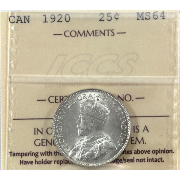 25-cent 1920 ICCS MS64