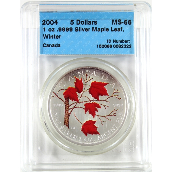 2004 $5 Red Coloured Silver Maple Leaf - Winter 1oz .9999 Fine Silver Coin CCCS MS66 (Tax Exempt)