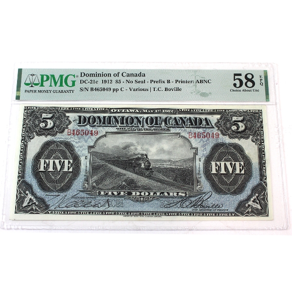 DC-21c 1912 $5 PMG AU58 EPQ 'Train Note'  Various-Boville No Seal SN: B465049-C