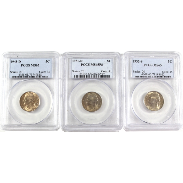 USA 1948D, 1951D FS, & 1952S Jefferson Nickels PCGS MS65. 3pcs.