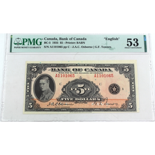 BC-5 1935 $5 English PMG AU53 Osborne-Towers SN: A1101065 ppC