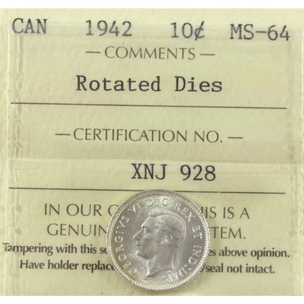 10-cent 1942 Rotated Dies ICCS MS64