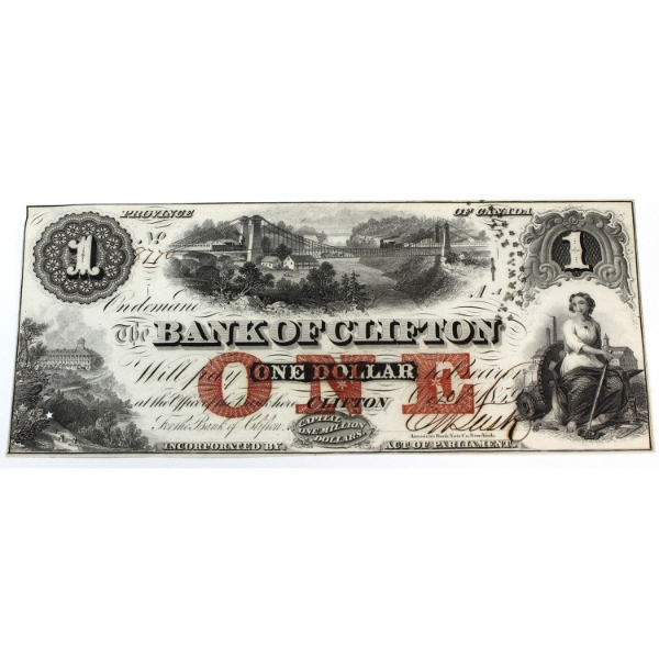 125-10-04-02a 1859 $1 Bank of Clifton UNC or + One Signature, III Overprint SN: 8770